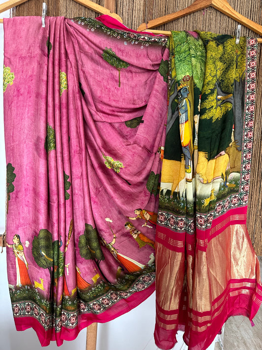 PURPLE PINK  PICHWAI  MODAL SILK PATOLA PRINT SARI WITH ZARI BORDER