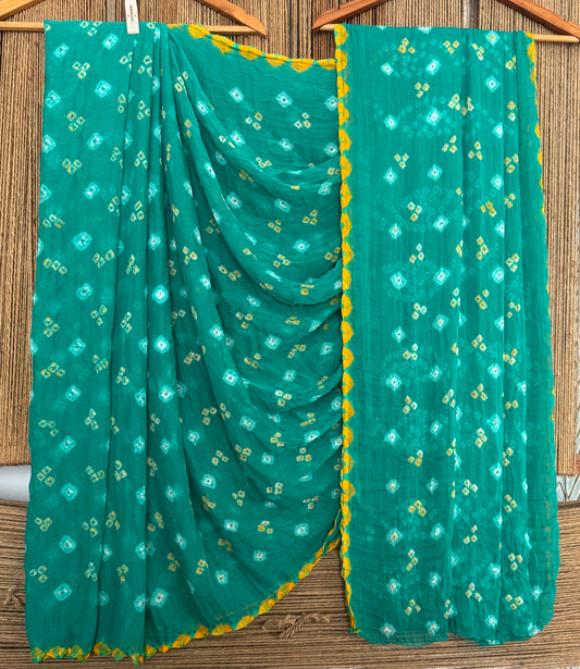 Turquoise Blue Bandhani handcrafted  chiffon sari