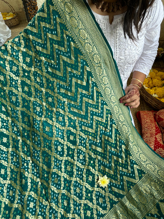 Sea  blueHandwoven NeemZari Bareek Bandhani in Khaddi Georgette dupatta