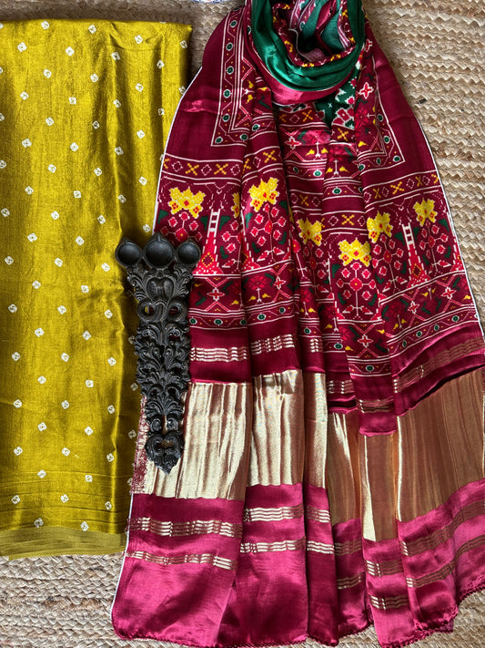 Mustard yellow mashru silk kurta with patola handcrafted modal silk dupatta ps-80