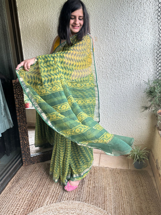GREEN  AKOLA KOTA DORIA HANDBLOCK SARI