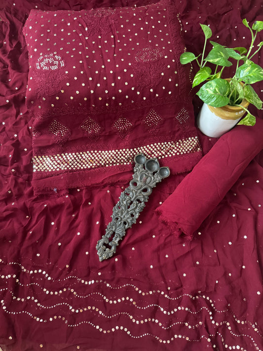 Deep Maroon premium mukesh work Georgette lucknowi chickenkari hand embroidery three piece suit