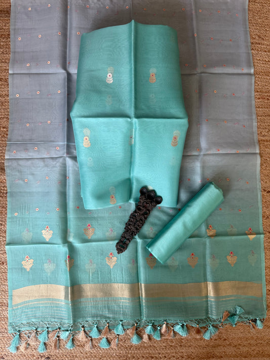 Turquoise Blue kora silk certified handloom banarsi kadwa booti meenakari Ombré Shade Duppatta three piece suit