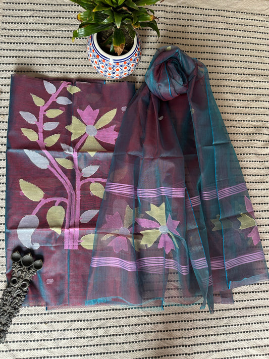 MAROON BLUE HANDWOVEN PURE MUSLIN SILK KURTA SET