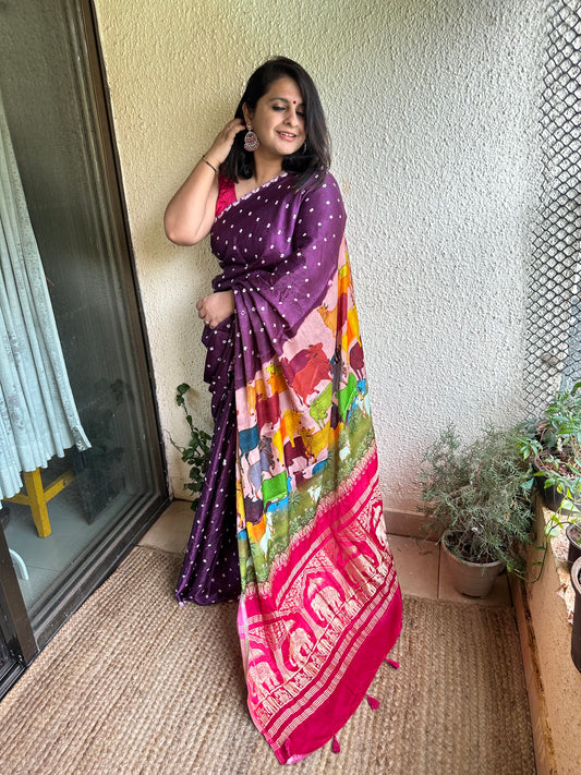 Purple Modal silkBandhani  handcrafted with Pichwai Print Sari in Nakshi Elephant  Border