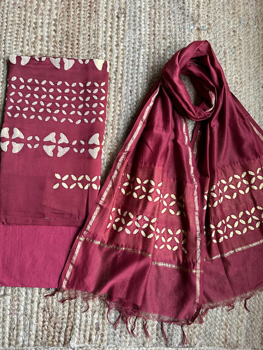 MAROON CHANDERI  SILK  APPLIQUE SUIT SET