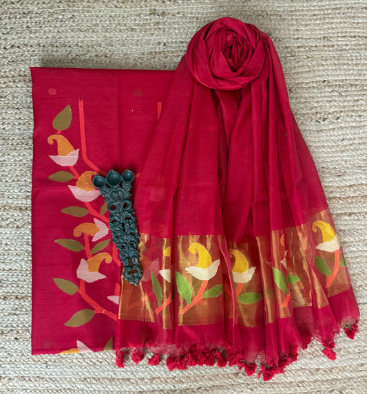 Crimson Red handwoven jamdani pure cotton silk kurta set mjk-