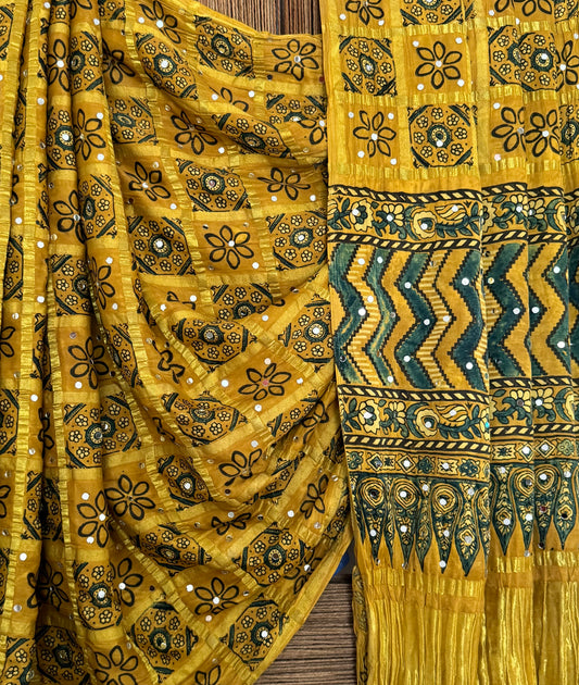 GOLDENROD YELLOW AJRAKH HANDCRAFTED MIRROR WORK (PASTING)GHARCHOLA MODAL SILK SARI WITH ZARI PALLU