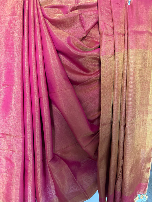 FUSCHIA PINK TISSUE LINEN ZARI SARI WITH WOVEN MAROON BORDER