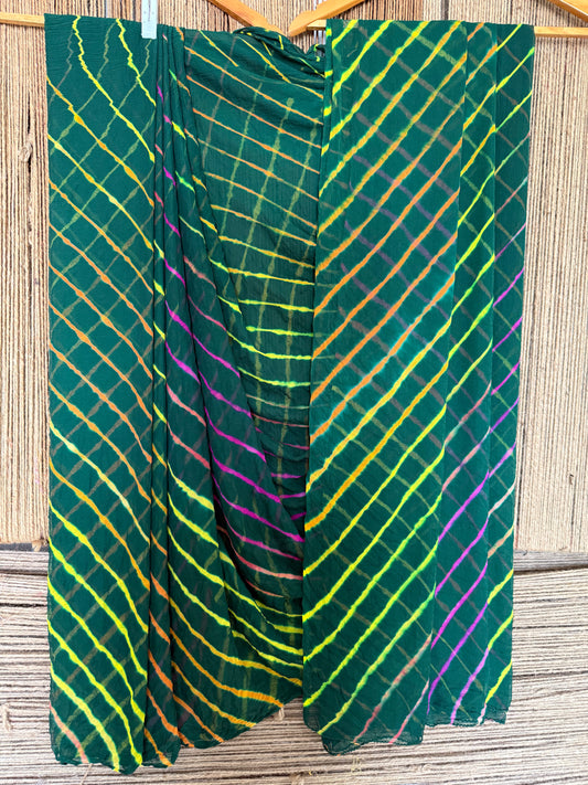 BOTTLE GREEN ULTI LEHERIYA HANDCRAFTED  CHIFFON SARI CL -1040