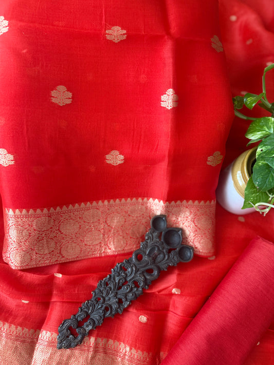 Red Orange Kora Silk Certified Handloom Banarsi Kadwa Booti Three Piece Suit