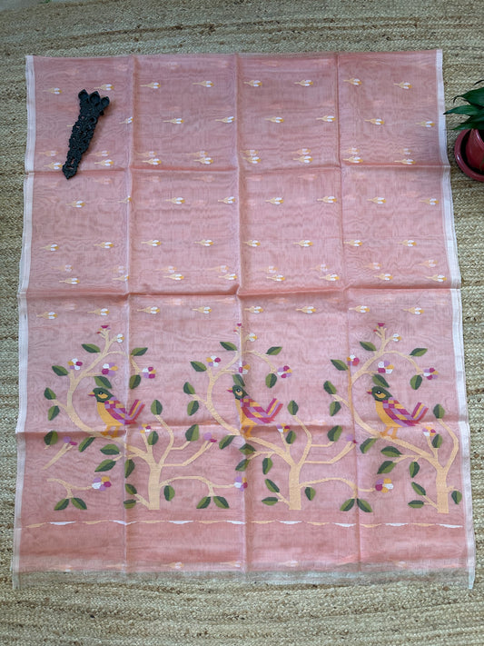 PEACH JAMDANI HANDWOVEN PURE MUSLIN SILK SARI