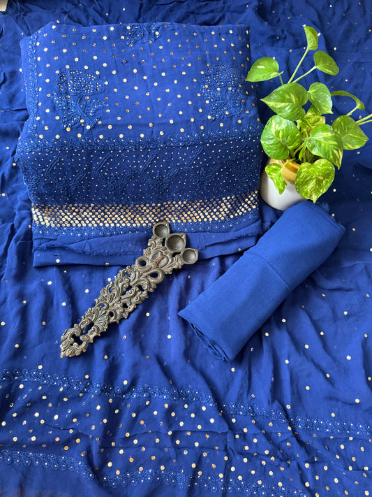 Navy Blue premium mukesh work Georgette lucknowi chickenkari hand embroidery three piece suit