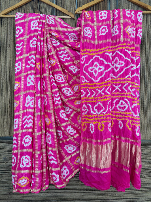 ULTRA PINK GAJJI SILK RAI BANDHANI  GHARCHOLA SARI  BS- 24