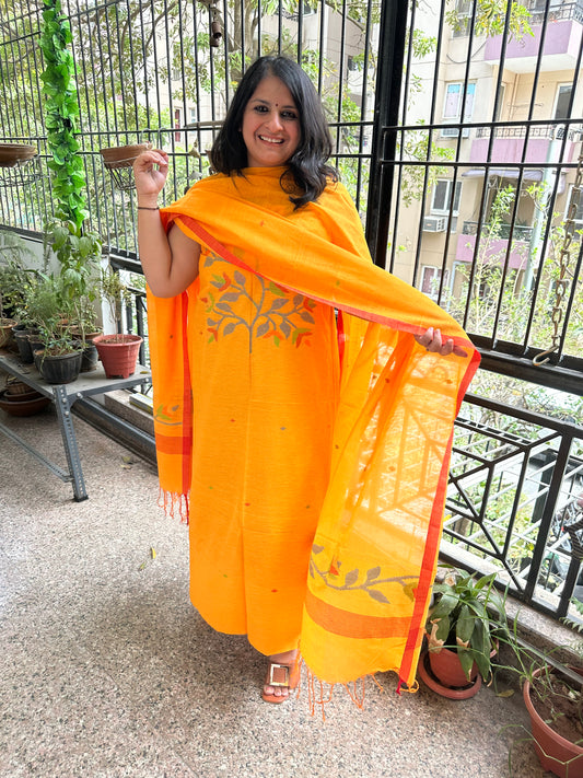 MUSTARD YELLOW JAMDANI WOVEN MULL KURTA SET