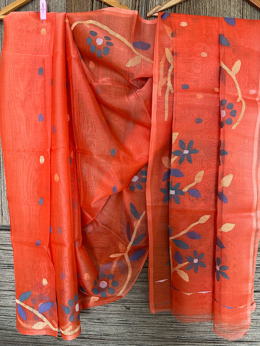 VIVID ORANGE JAMDANI HANDWOVEN PURE MUSLIN SILK SARI