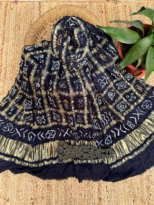 BLACK GHARCHOLA GAJJI SILK HANDWOVEN AJRAKH DUPATTA