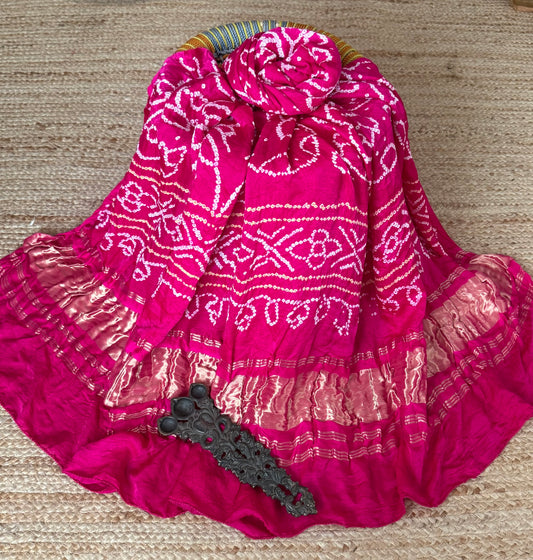 Magenta Pink rai bandhani gajji silk Handcrafted Gharchola dupatta