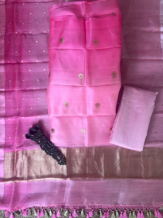 Pastel Pink Ombré Shade kora silk certified handloom banarsi kadwa booti meenakari three piece suit