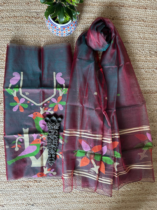 MAROON & GREEN DUAL SHADE HANDWOVEN JAMDANI PURE MUSLIN SILK KURTA SET MJK-63