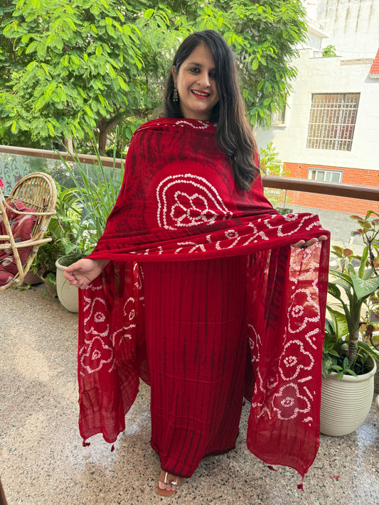 Red & Black Modal Silk Shibori Kurta with Bandhani Shibori  handcrafted Modal Silk Dupatta sbs-7