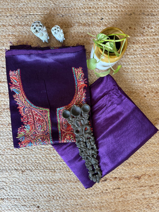 Plum purple mashru silk hand embroidery kashmiri handembroidery sozni work cord set cs-4
