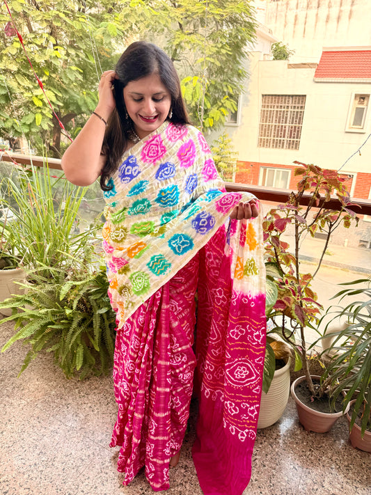 HOT PINK MULTI COLOUR GAJJI SILK GHARCHOLA RAI BANDHANI GAJJI SARI  BS- 207