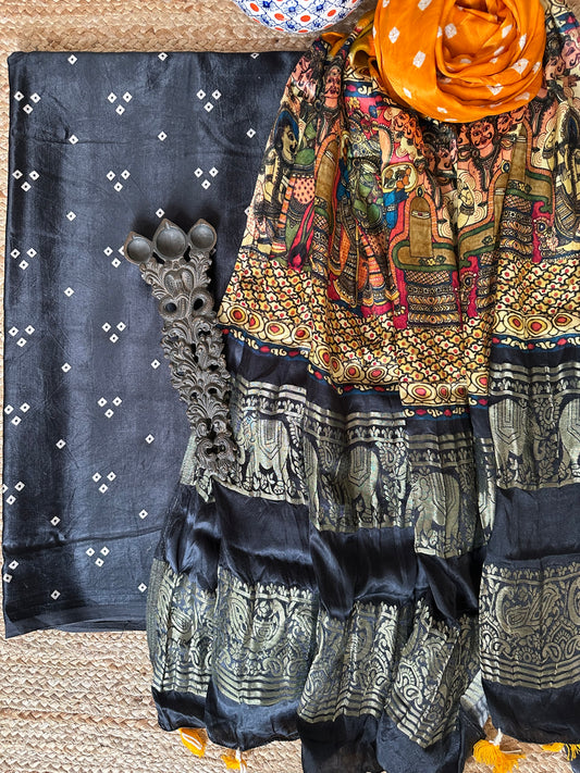 BLACK MASHRU KURTA WITH BANDHANI PICHWAI HANDCRAFTED  MODAL SILK DUPATTAS PS- 1040