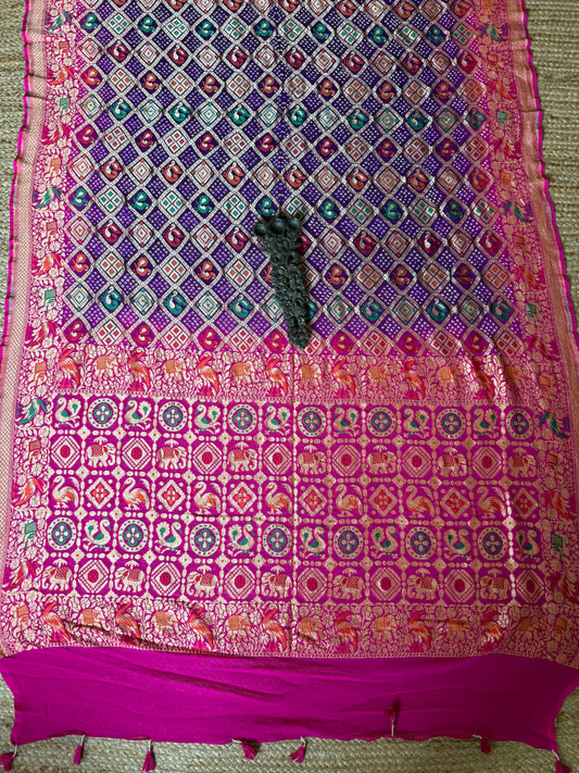 pink & purple ombré shade Handwoven Bareek Bandhani in Meenakari Jaal  Premium Georgette dupatta