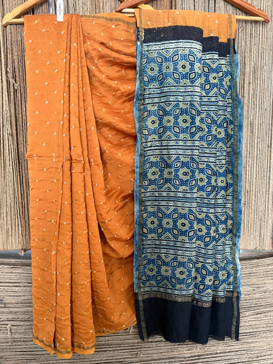 MANGO YELLOW CHANDERI SILK BANDHANI HANDCRAFTED AJRAKH SARI