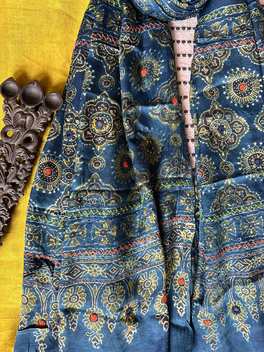 MUSTARD MASHRU SILK KURTA WITH AJRAKH EMBROIDERY HANDCRAFTED MODAL SILK DUPATTA