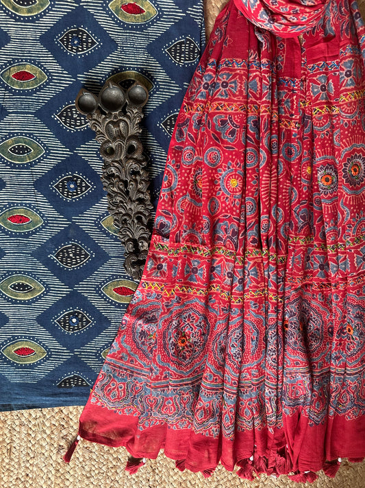 CLASSIC BLUE AJRAKH HANDBLOCK AND HAND EMBROIDERY KURTA WITH  AJRAKH HAND EMBROIDERY DUPATTA