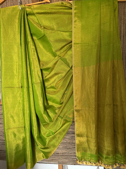 PARROT GREEN GOLD TISSUE LINEN ZARI SARI WITH WOVEN RED BORDER