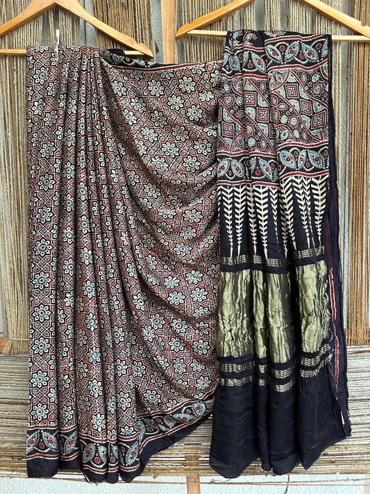 BLaCK MODAL SILK AJRAKH ZARI BORDER SARI