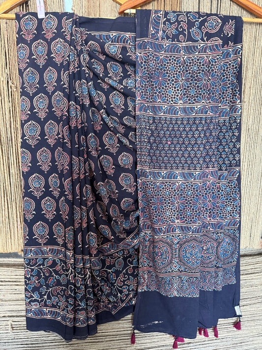 BLACK MULL COTTON  AJRAKH HAND CRAFTED SARI