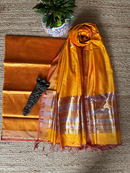 YELLOW SILVER GOLDEN  TISSUE  MAHESHARI SILK HANDLOOM KURTA SET