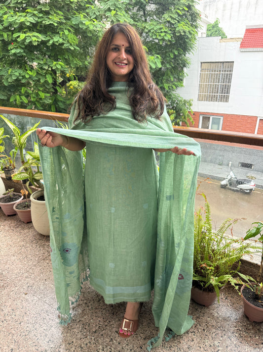 PASTEL GREEN PURE JAYSHREE  LINEN JAMDANI HANDWOVEN KURTA SET