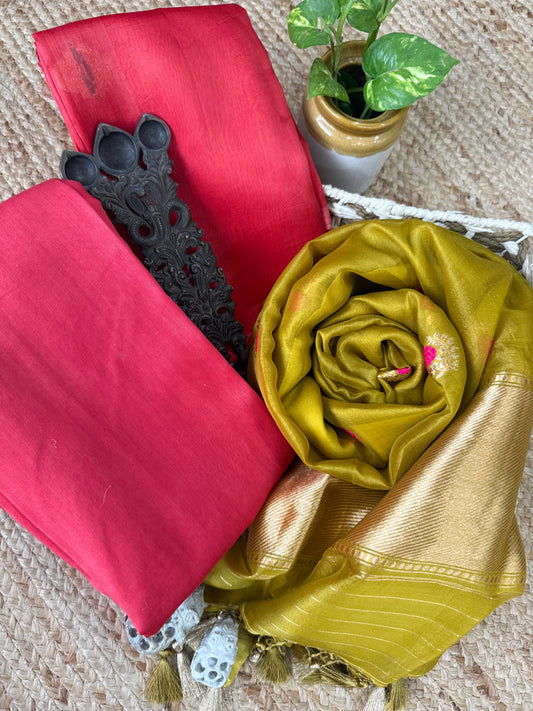 Coral Pink kora silk certified handloom banarsi kadwa booti meenakari three piece suit
