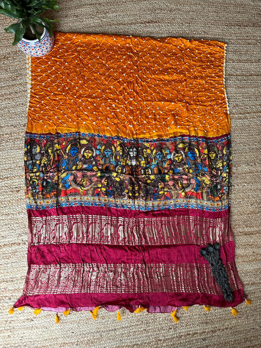 MUSTARD MAROON SILK BANDHANI DUPATTA WITH PICHWAI PRINT IN NAKSHI BORDER