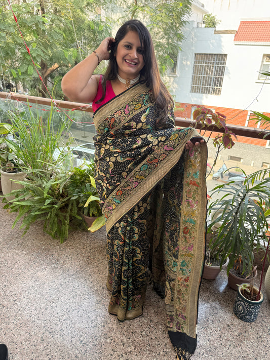 Black Handwoven Rai  Bareek Bandhani Saree Meenakari Jaal with Khaddi Georgette  Mks-13