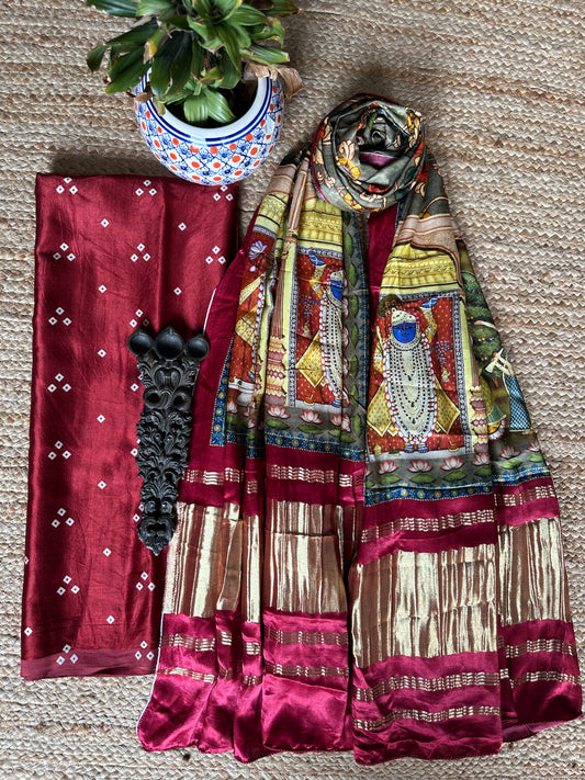 MAROON THREE DOTS MASHRU SILK KURTA WITH PATOLA HANDCRAFTED MODAL SILK DUPATTA PS-205