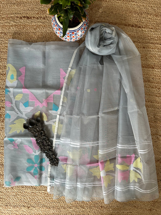 GRAY HANDWOVEN JAMDANI PURE MUSLIN SILK KURTA SET MJK-49