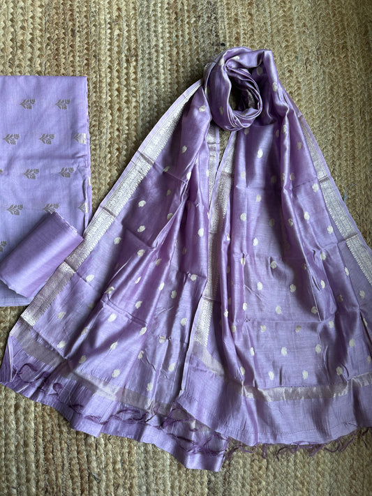 LAVENDER PURPLE BANARASI CHANDERI  HANDLOOM THREE PIECE  SET SUIT