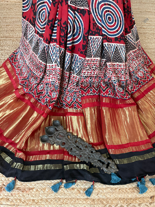 Maroon ajrakh silk zari woven dupatta