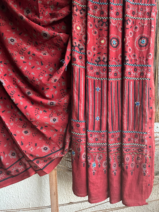 RED COTTON AJRAKH HANDEMBROIDERY SARI