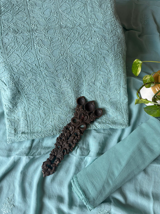 ARCTIC AQUA BLUE PREMIUM VISCOSE GEORGETTE LUCKNOWI CHICKENKARI HAND EMBROIDERY THREE PIECE SUIT