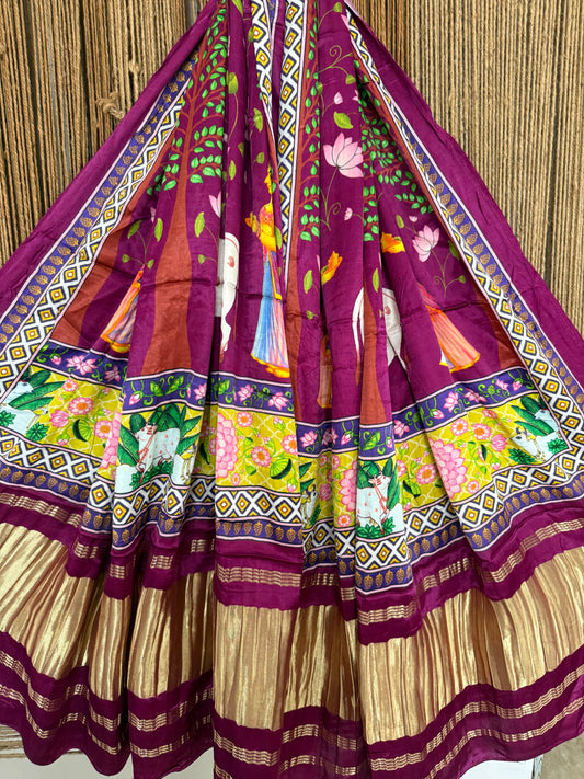 Magenta Purple pichwai  print patola modal silk dupatta