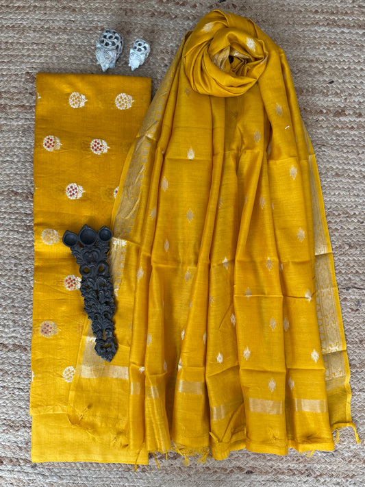 Golden Yellow Chanderi Handloom Banarsi Booti Three Piece Suit