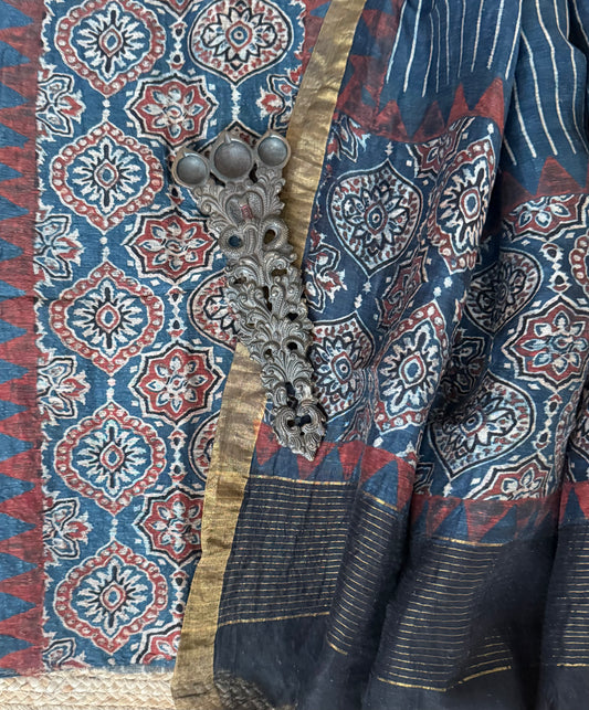 INDIGO BLUE AJRAKH BUTTA LINEN SILK HANDBLOCK SUIT SET