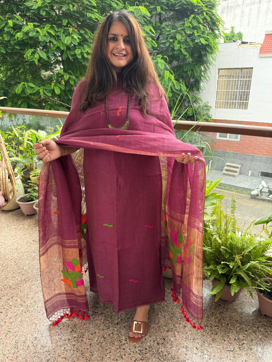 WINE MAROON TISSUE LINEN JAMDANI HANDWOVEN KURTA SET